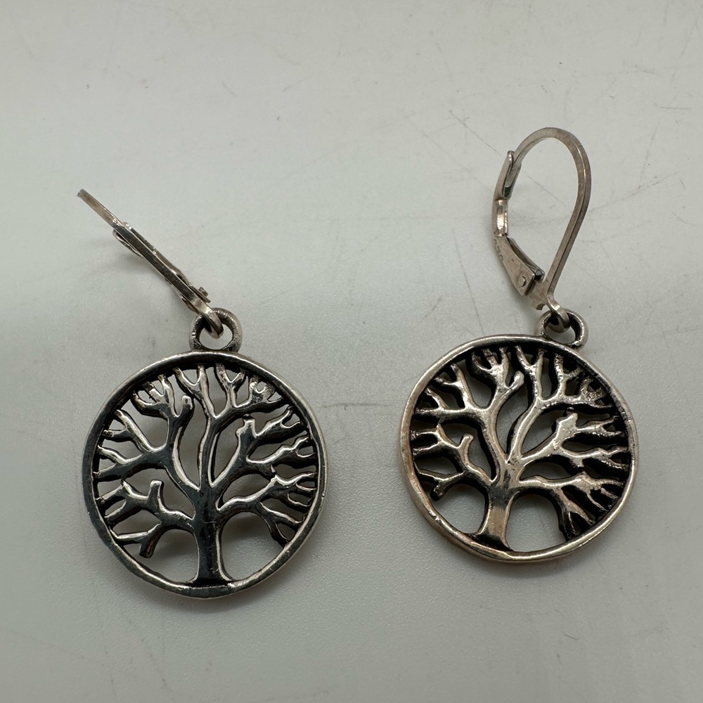 Sterling silver tree of life circle hoop dangle earrings